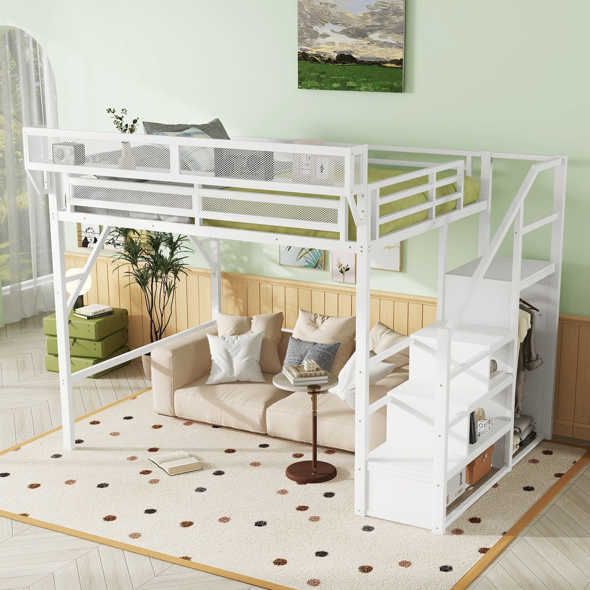 Queen Size Loft Bed with Stairs, Metal Queen Loft Bed with Storage Shelves