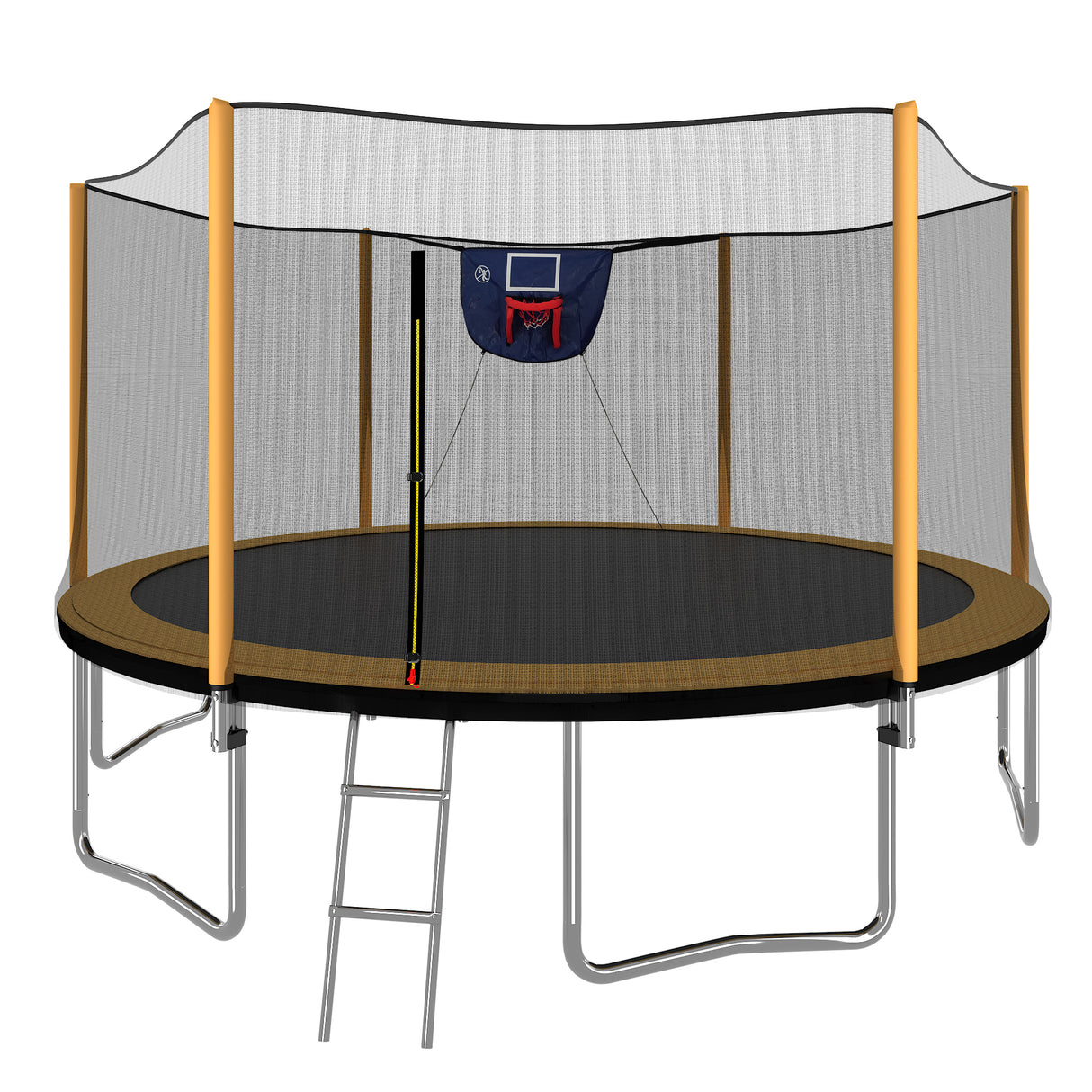14ft powder-coated advanced trampoline with basketball hoop inflator and ladder(outer safety enclosure) orange