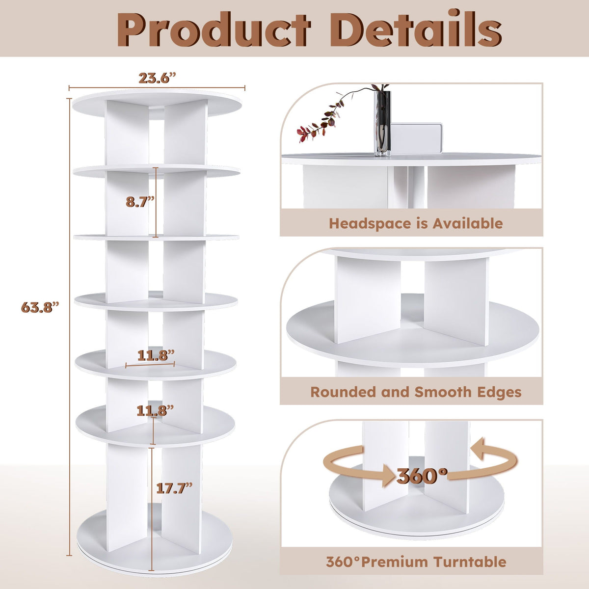 6 Tier Spinning Shoe Rack with 360° Revolving Organizer - White