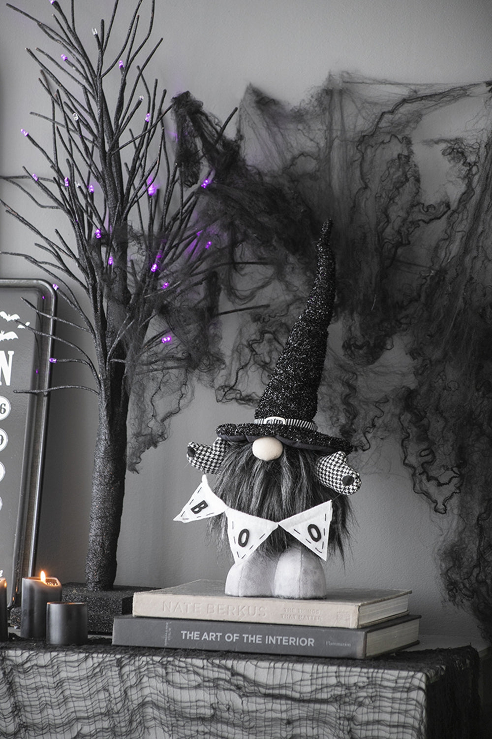 Set of 2 Black Fabric Gnomes with 'Boo' Banner