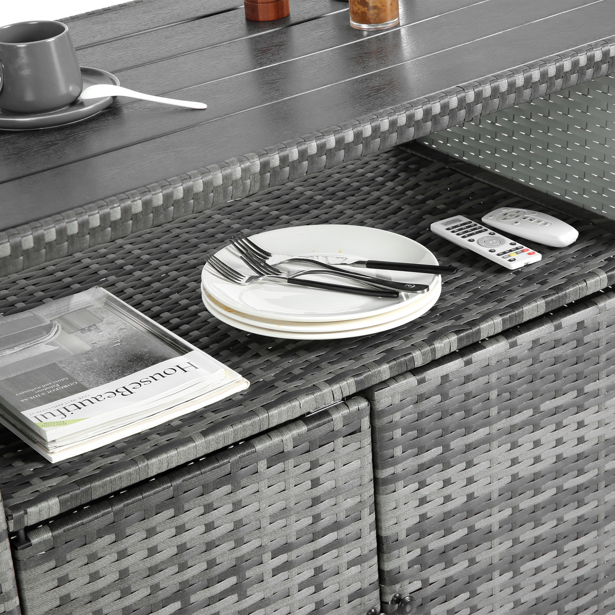 Outdoor Wicker Bar CartPatio Wine Serving Cart w/Wheels Rolling Rattan Beverage Bar Counter Table w/Glass Top for Porch Backyard Garden Poolside PartyLight brown