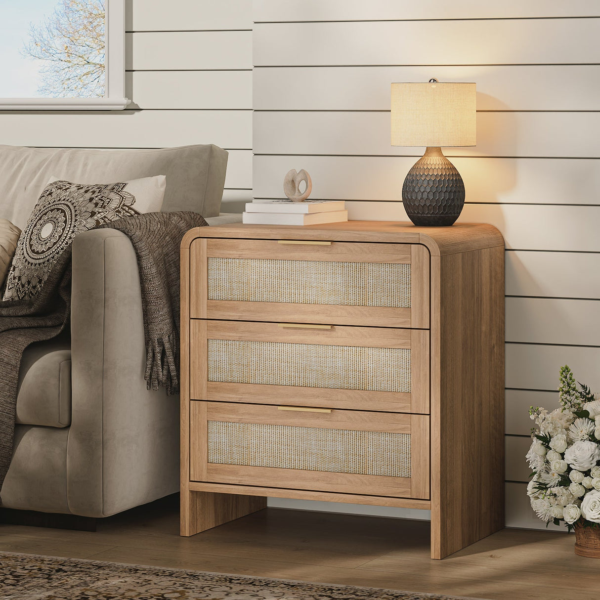 Rattan Nightstand with 3 Drawers set of 2, 22.8' Wide Curved Wooden Bedside Table, Modern Storage for Bedroom, Caramel Oak.