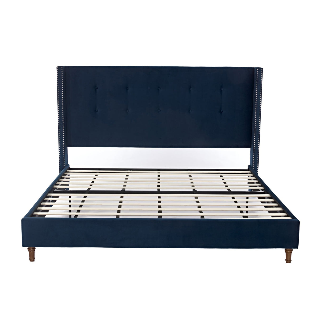 Peyton Upholstered King Bed with 54" High Headboard and Nailhead Trim Wingback in Blue Velvet