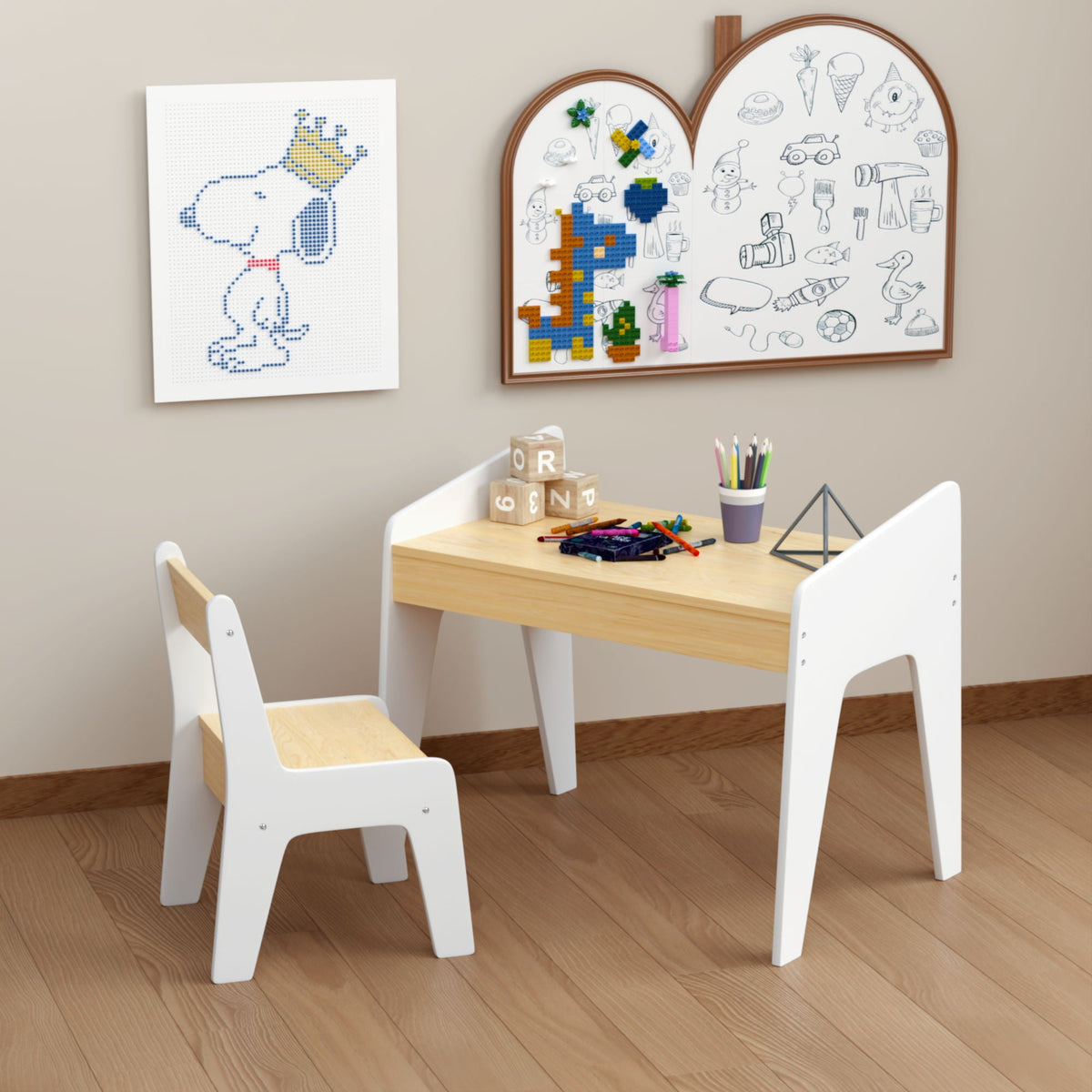 Table Set With 1 Chair, Children Study Table For Ages 2 - 8 - White