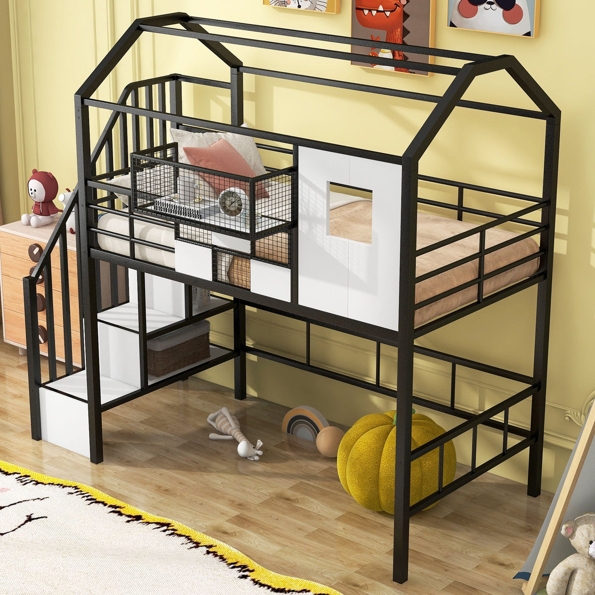 Metal Loft Bed With Roof Design And Storage Box With Guardrails And Integrated Ladder