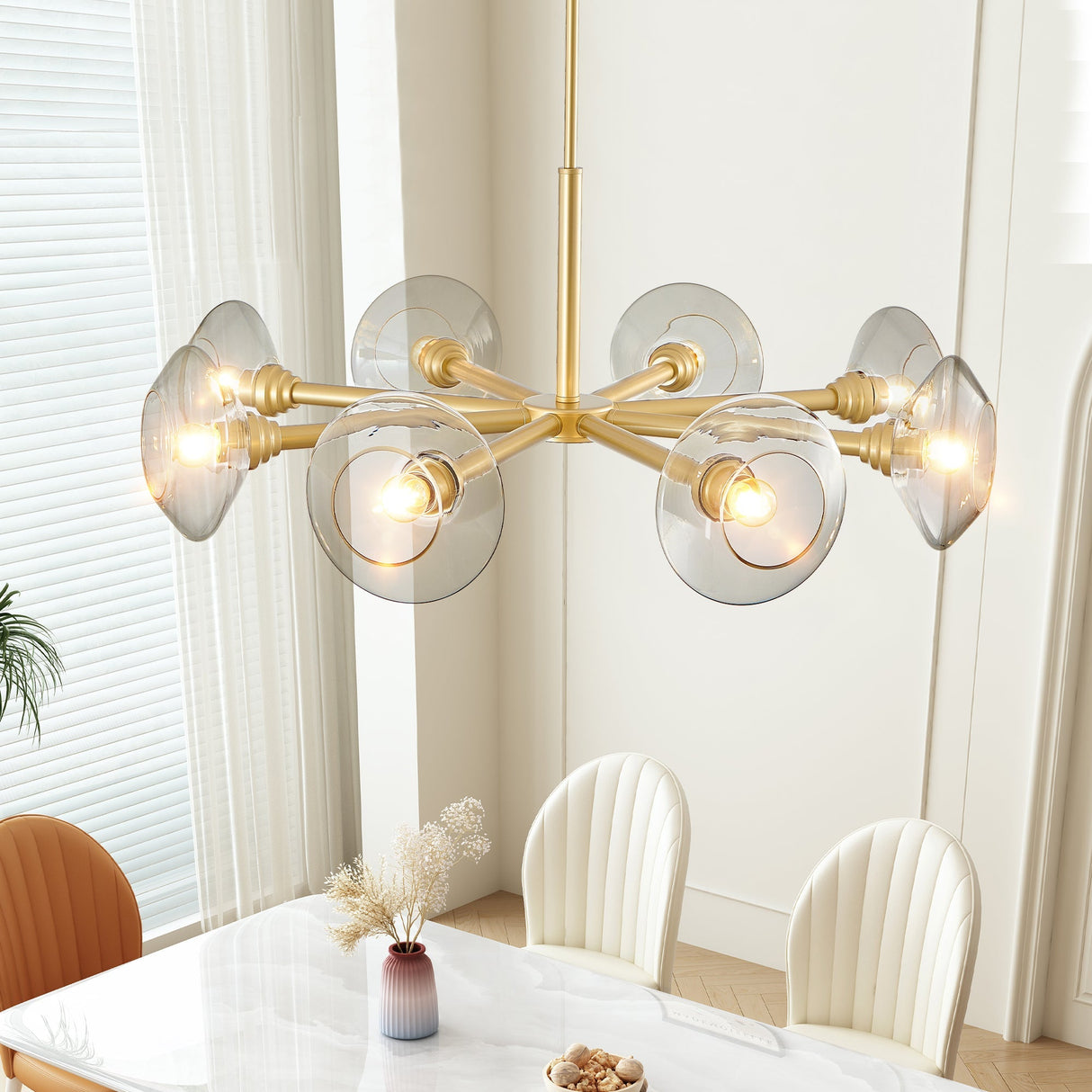 36' Modern Gold 8-Light Sputnik Chandelier with Clear Glass Shades, Mid-Century Hanging Pendant Light Fixture for Dining Room, Living Room, or Kitchen (Bulb Not Included)