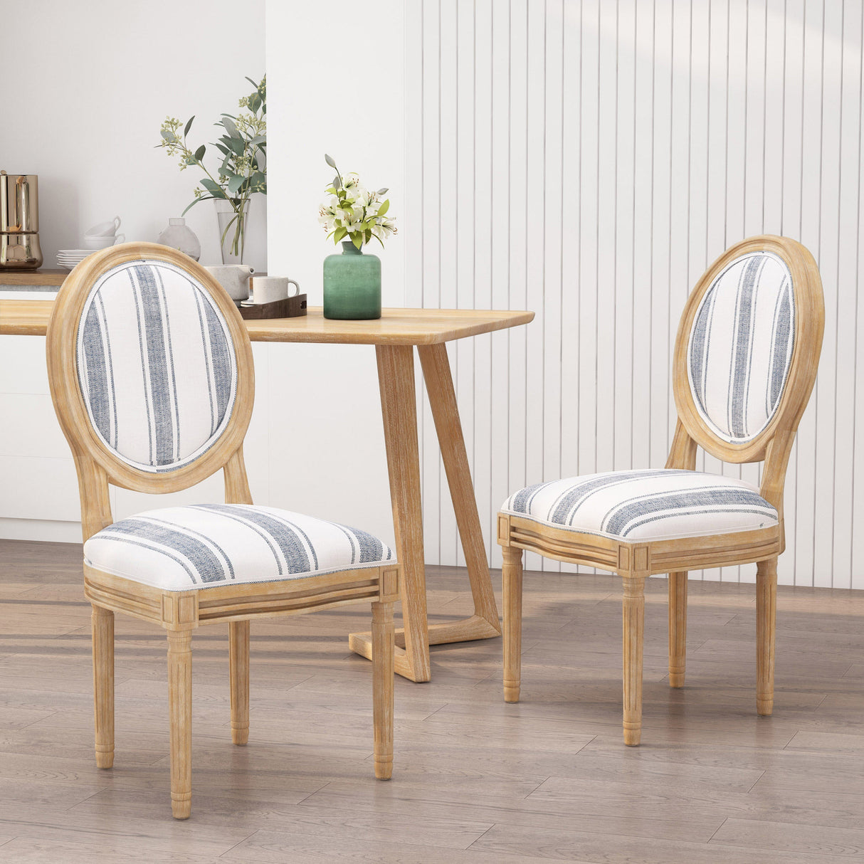 French Country-Inspired KD Dining Chair with Iconic Round Backrest in Blue Fabric