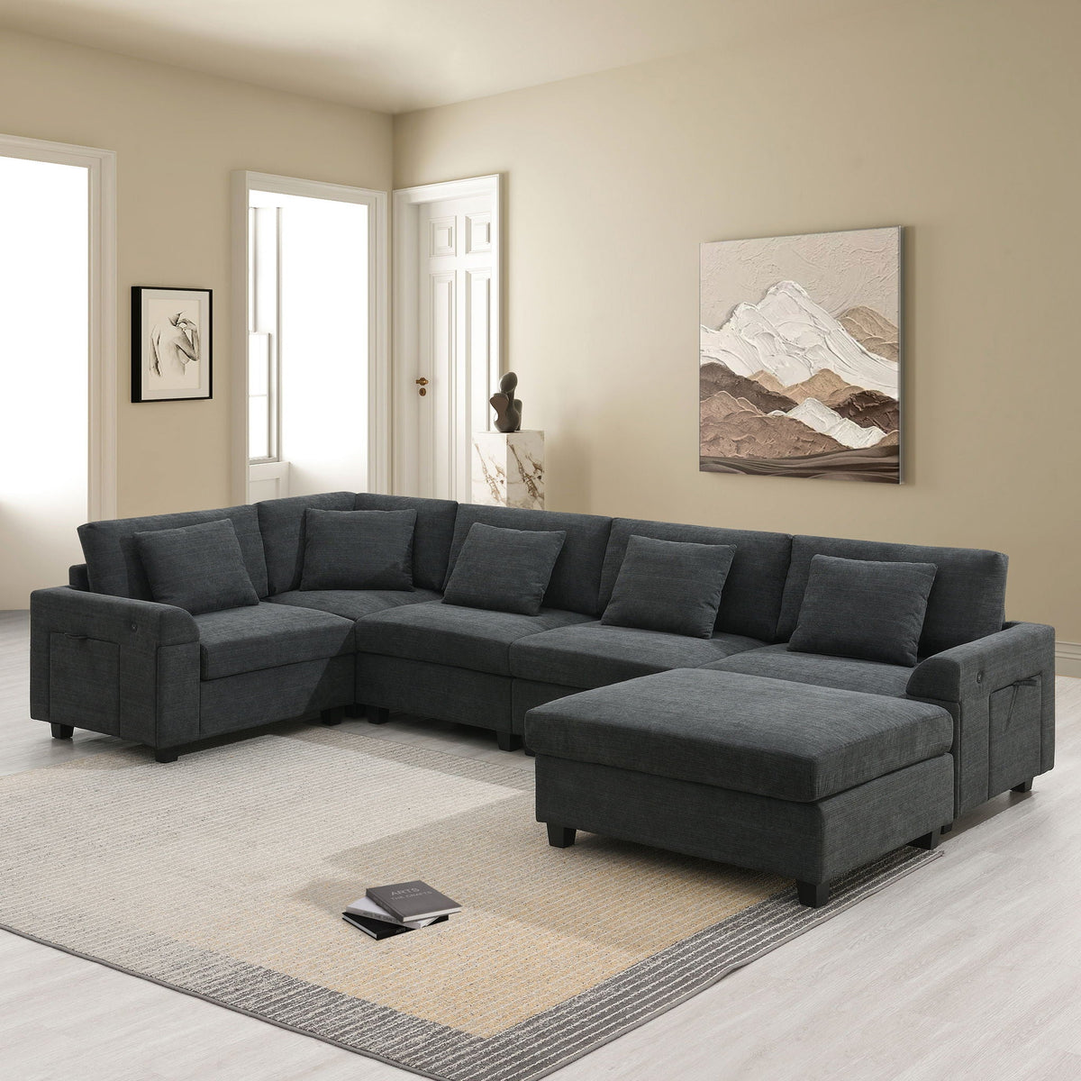 U Shaped Sectional Sofa 6 Seat Couch Set With Oversized Ottoman, Hidden Armrest Storage And Cup Holders USB Charging Ports Wide Seat Sofa