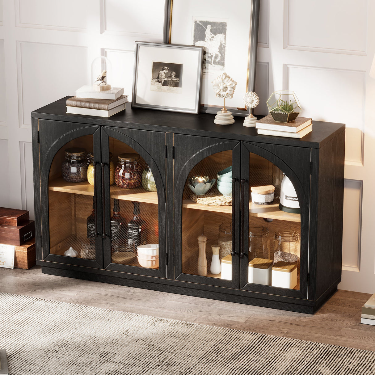 4-Door Large Storage Sideboard Buffet Cabinet with Glass Doors (Black)