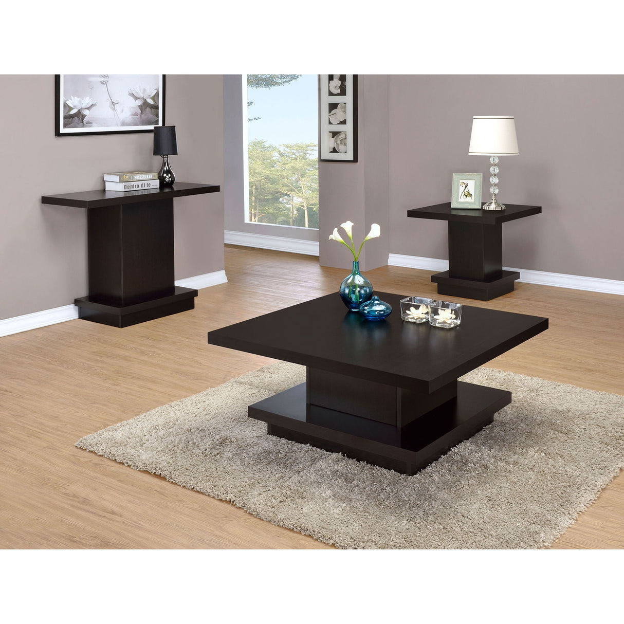 Square Coffee Table With Geometric Design And Storage Shelf - Cappuccino