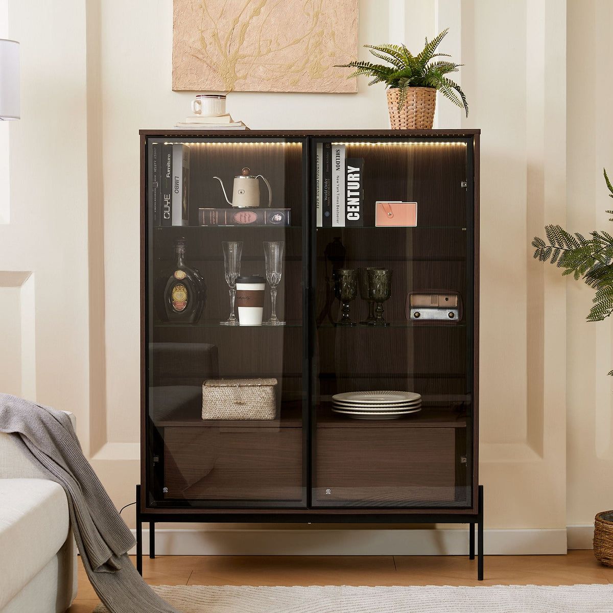 Modern Minimalist Style LED Curio Cabinet With Tempered Glass Door, Metal Legs