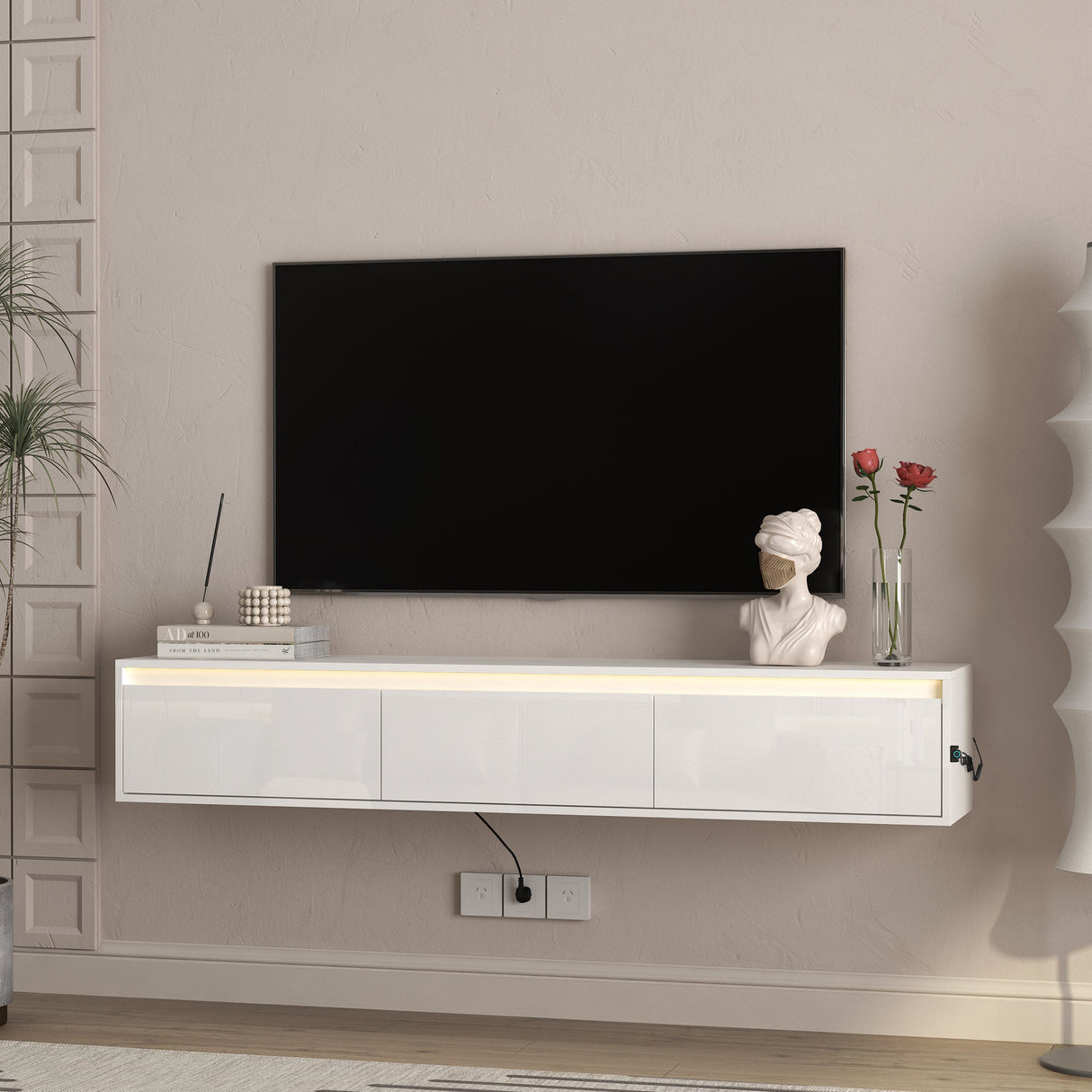 High-Gloss Suspended TV Cabinet with LED Lights