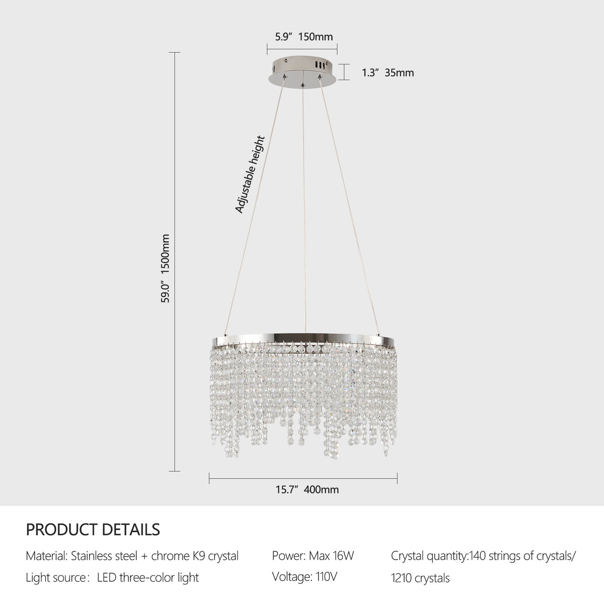 16-Inch Luxury Crystal LED Chandelier