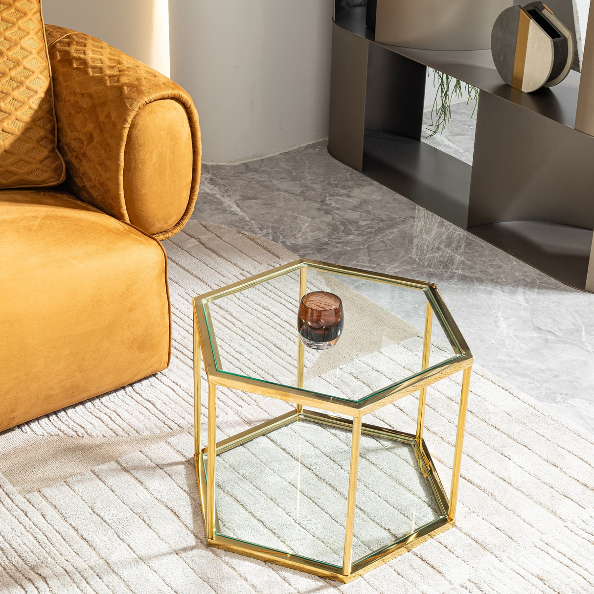 Modern Gold Stainless Steel Coffee Table with Double-Layer Tempered Glass