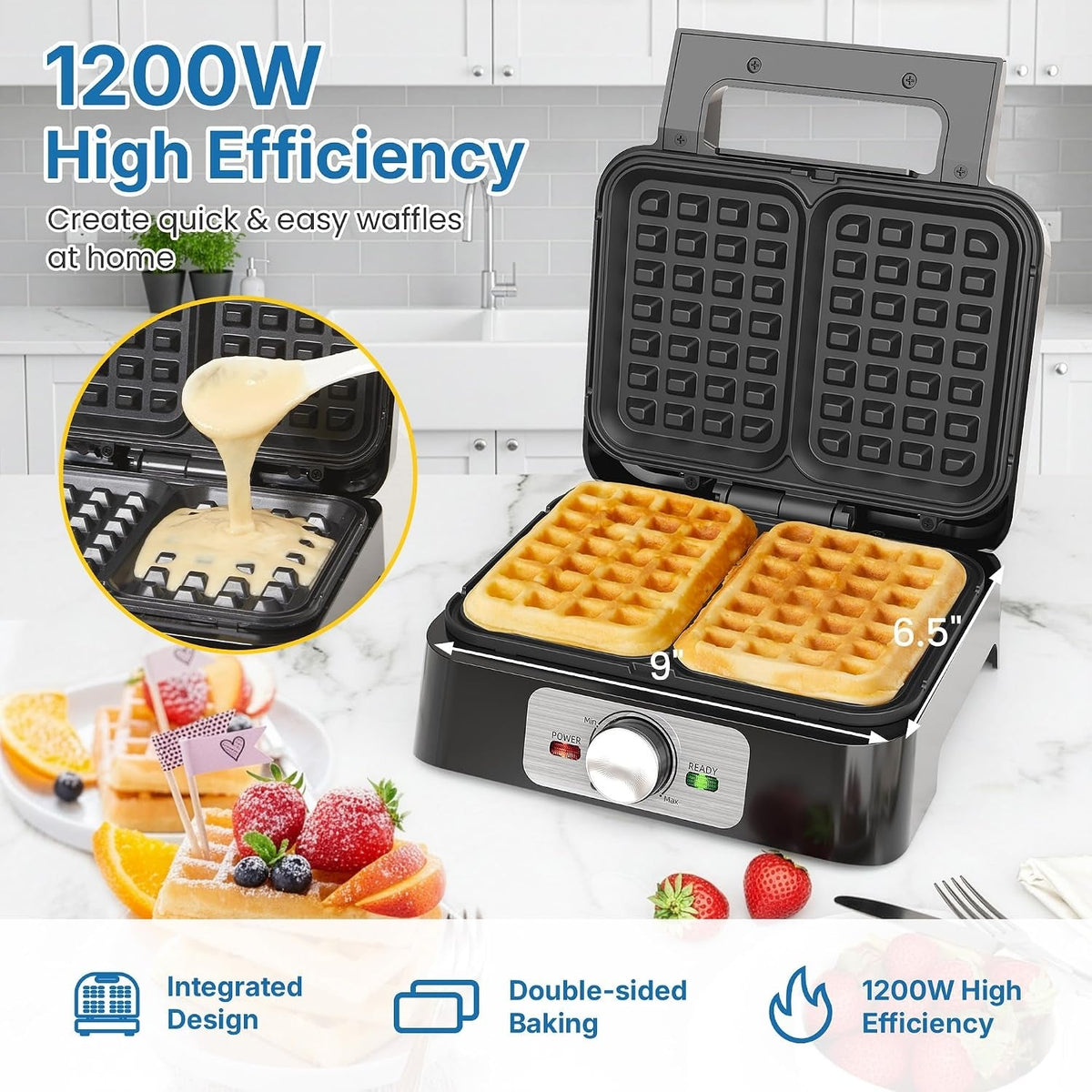 Belgian Waffle Iron - 2 Slices, Electric Waffle Maker