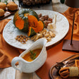 White-Embossed-Pumpkin-Leaf-Turkey-Platter-and-Gravy-Boat-Set,-Made-in-Italy-Serving-Platters
