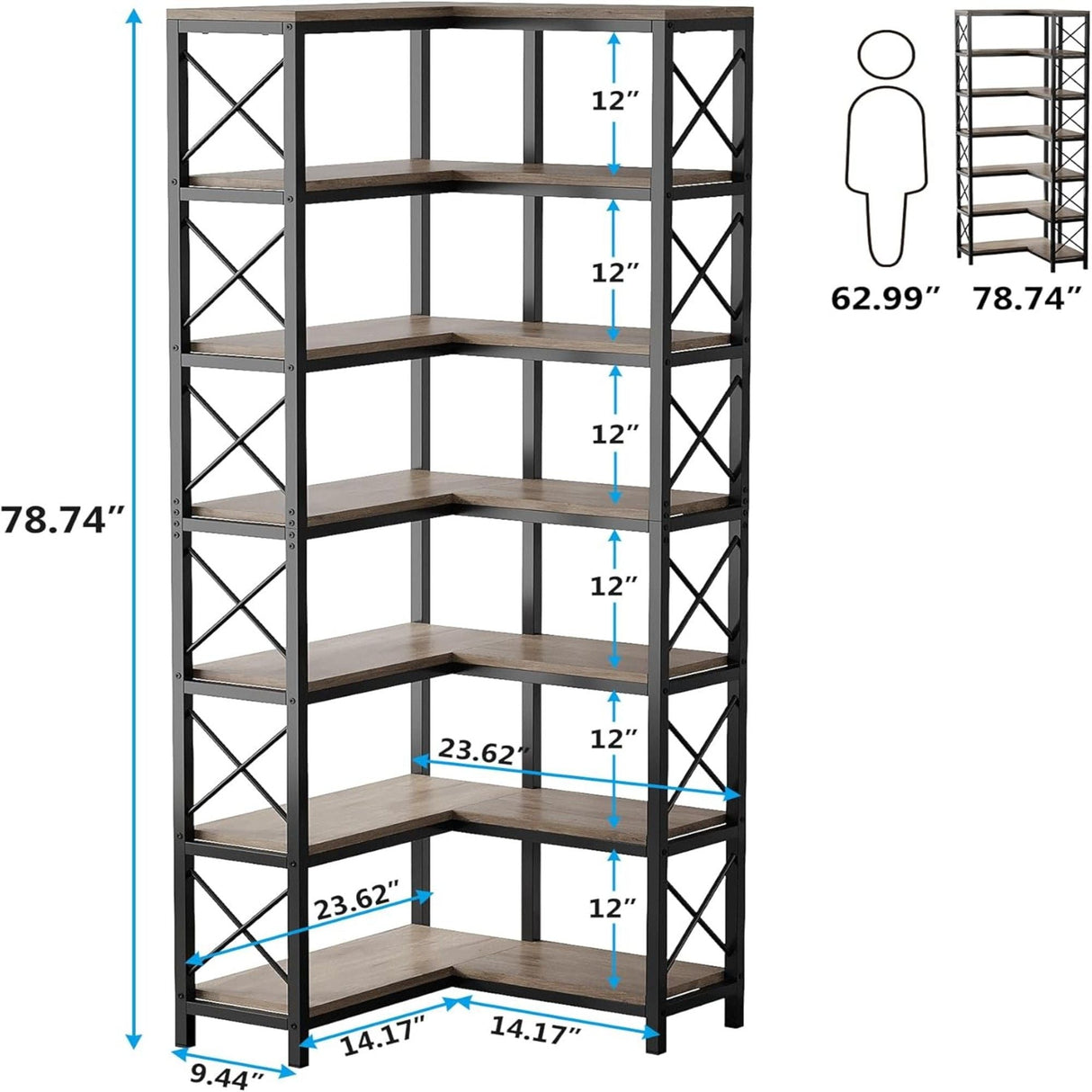 7 Tier Corner Bookshelf Storage Unit for Living Room