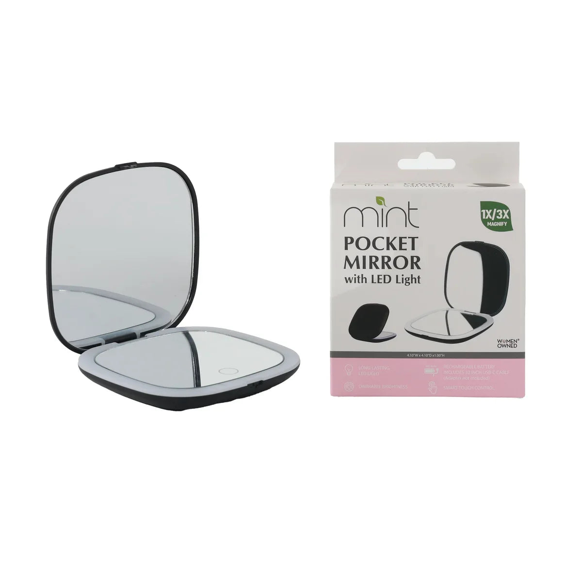 Black 1x/3x Magnifying Rechargeable LED Compact Makeup Mirror