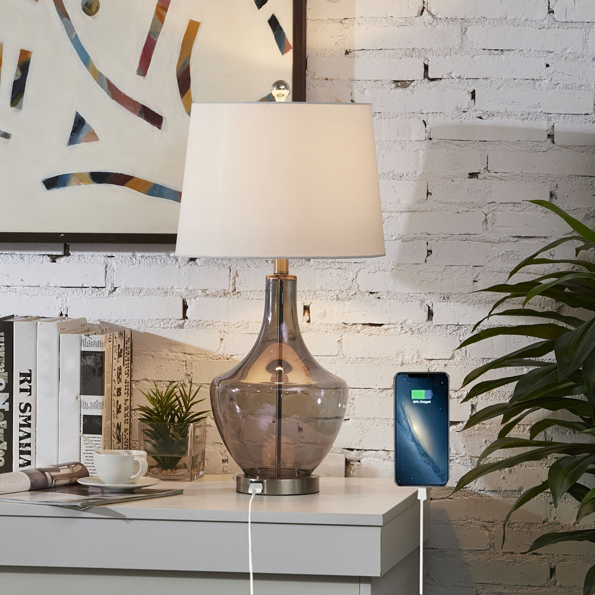 26-Inches Tall Single Glass Table Lamp with USB Charging Port