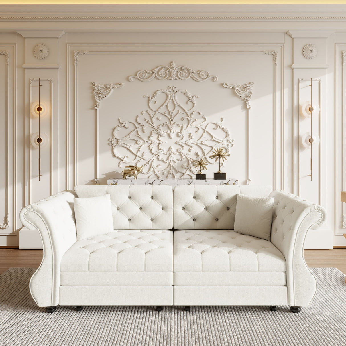 Oversized Chesterfield Pull Out Sofa Bed, Roll Arm Couch With Flower Tufting For Living Room