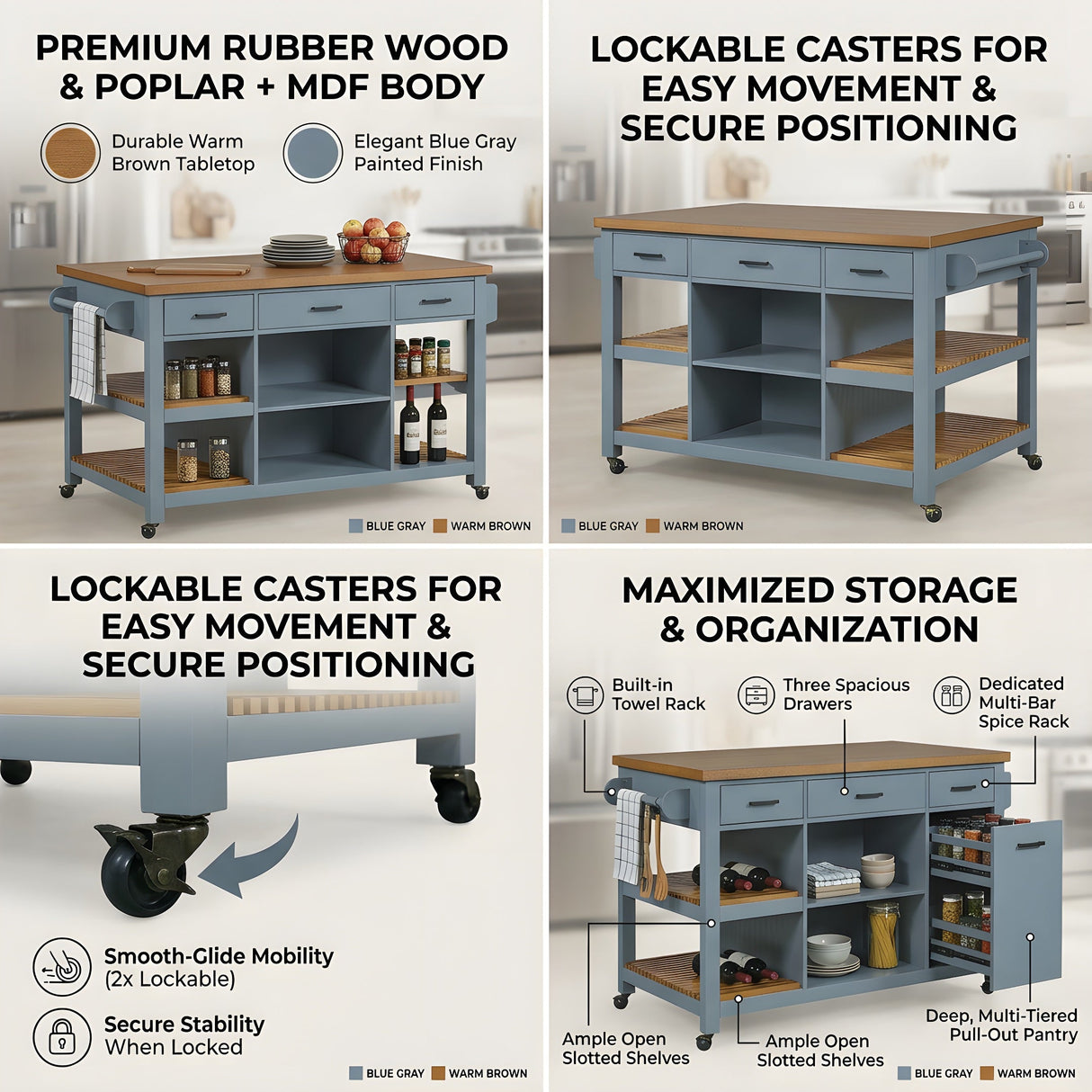 52" Kitchen Island Cart with Rubber Wood Top