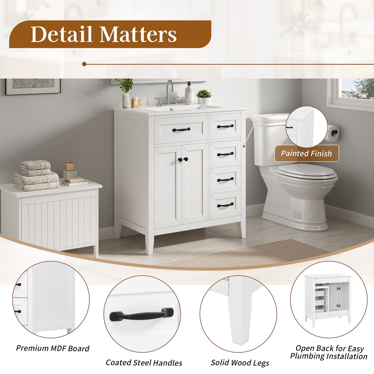 30" White Bathroom Vanity with Ceramic Sink