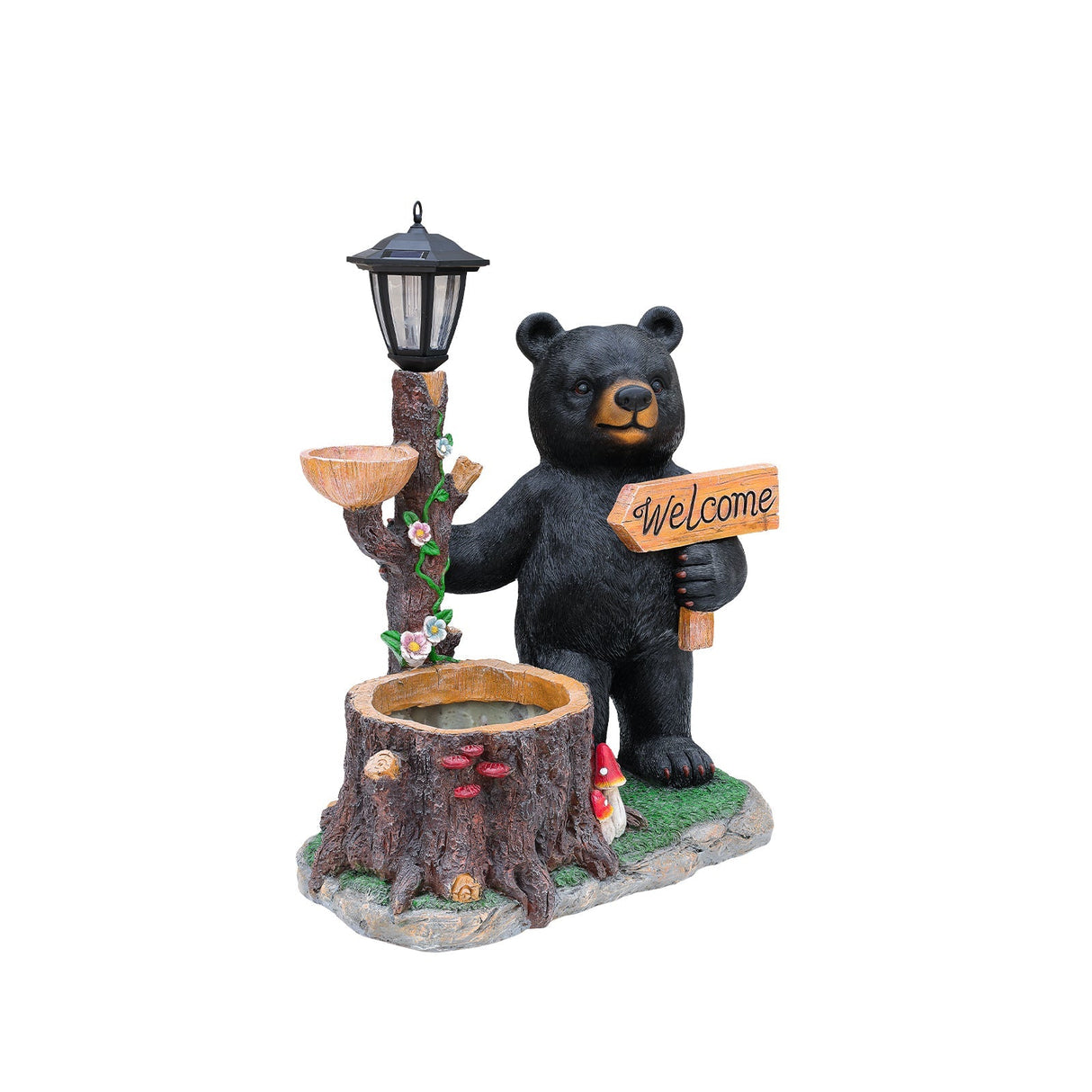 Decorative Standing Black Bear Garden Planter with Solar-Powered Lantern