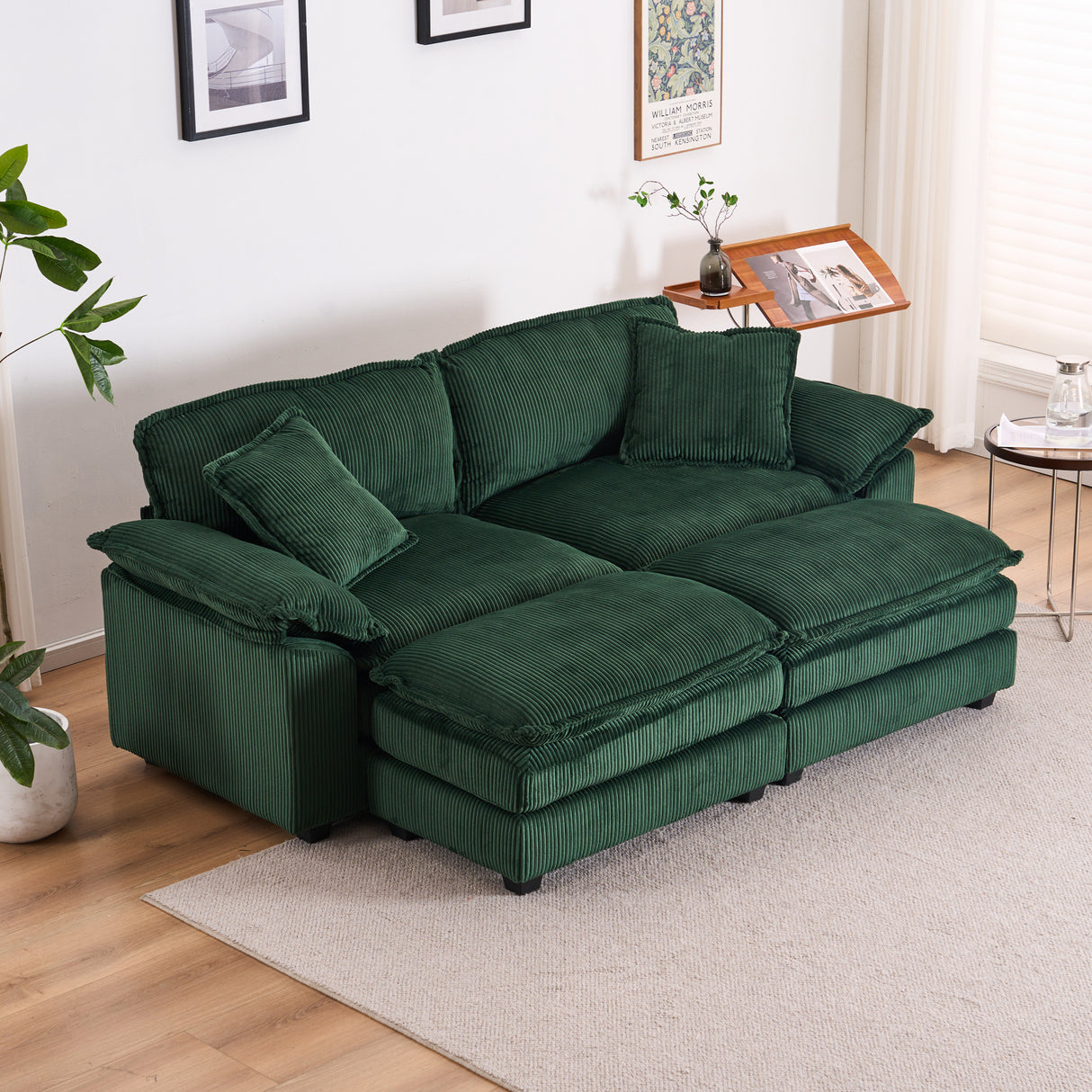Corduroy-2-seats-sofa-With-2-back-pillows,2-toss-pillows-and-two-ottoman,-Green-