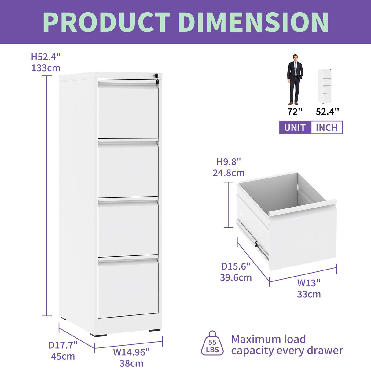 Steel Drawer Vertical File Cabinet With Lock For A4 Legal / Letter Size