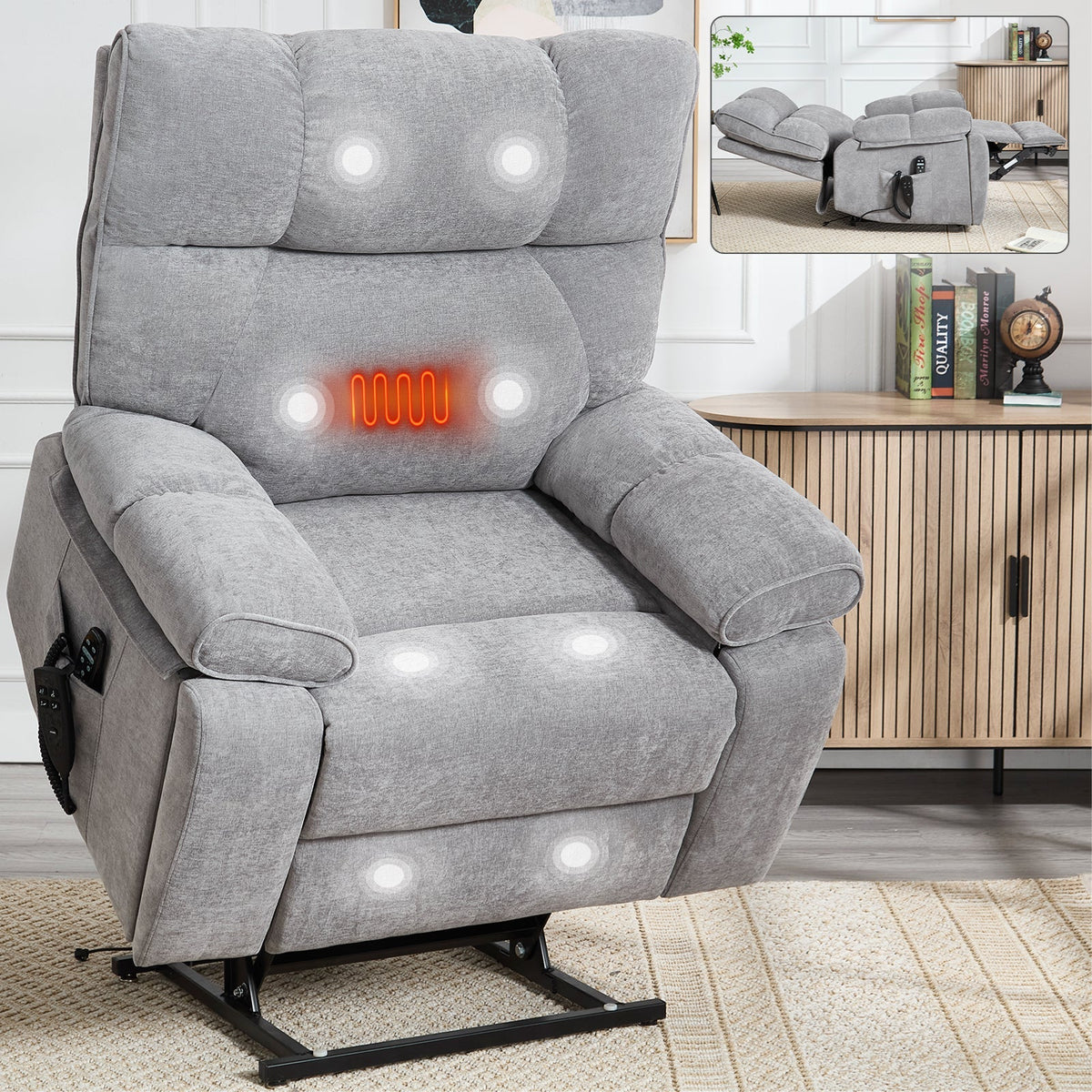 Grey Heat Massage Dual Motor Power Lift Recliner with Chenille Upholstery - Grey