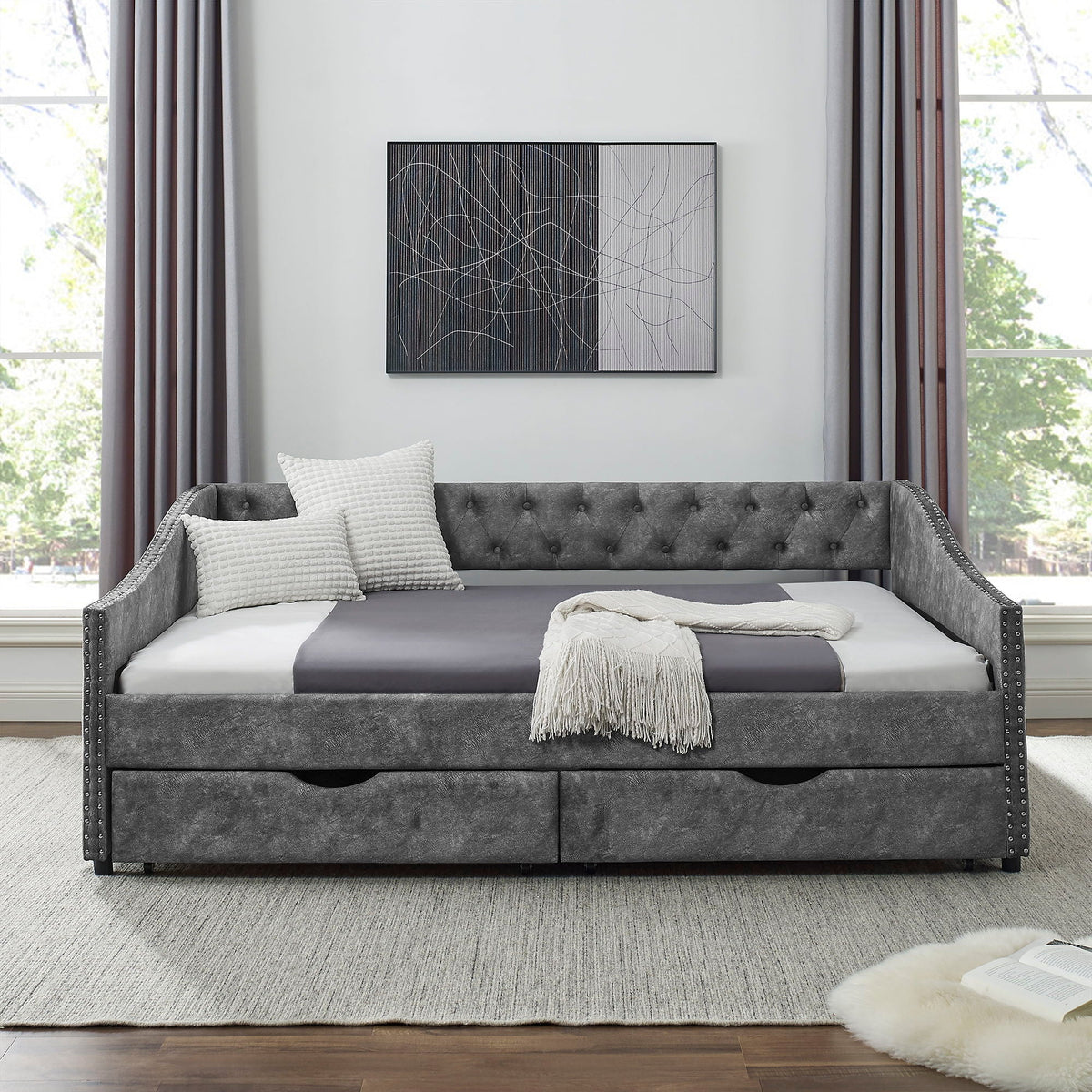 Upholstered Tufted Daybed With Drawers, Waved Arms