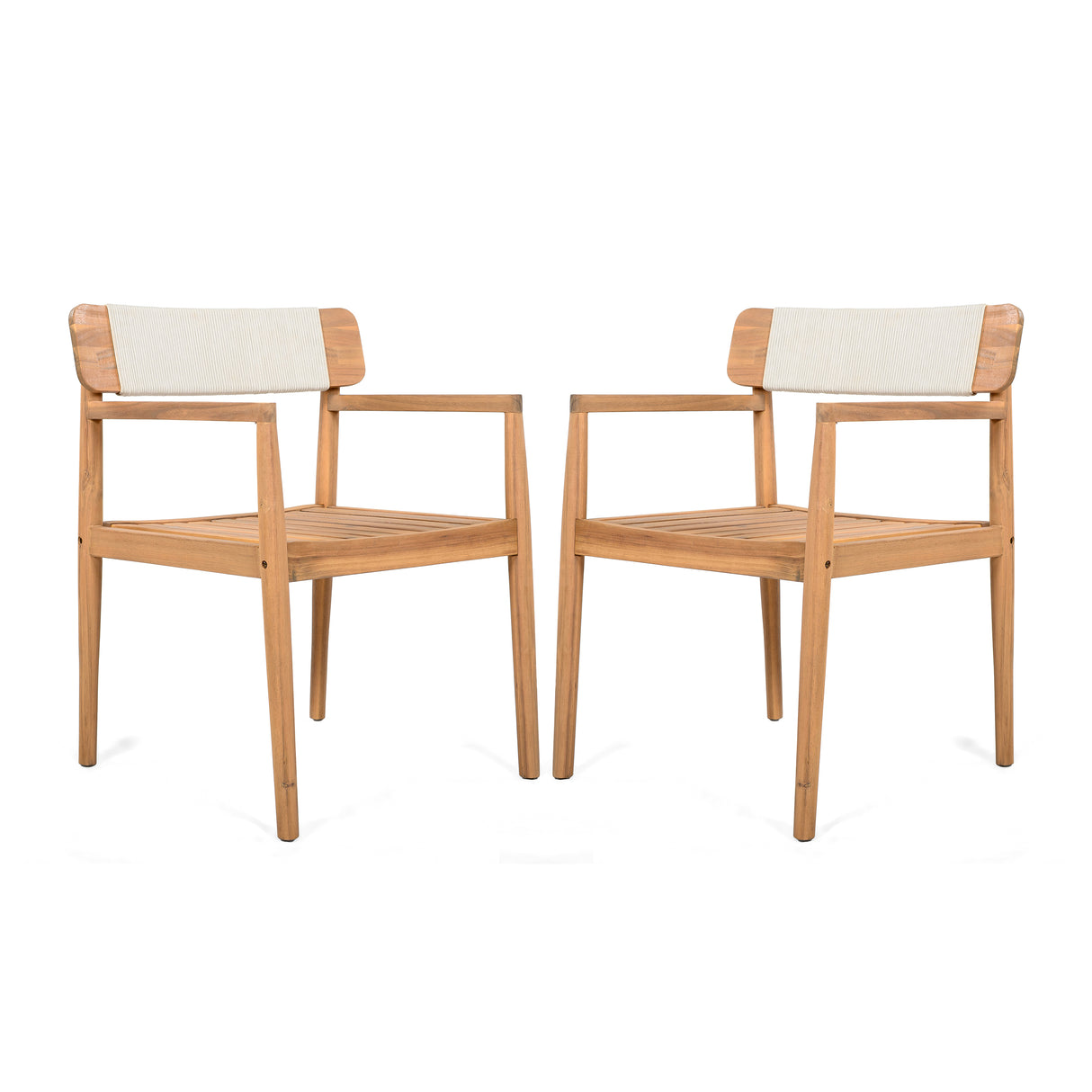 Creative Braided Acacia Wood Outdoor Dining Chairs with Armrests, Teak Look & White Rope, Set of 2