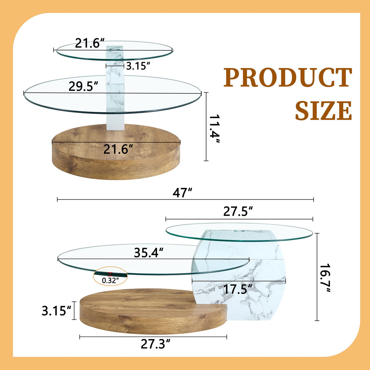 Contemporary Artistic Double Layer Coffee Table, Tempered Glass Top