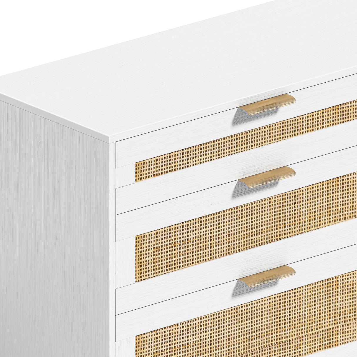 White Rattan Dresser with 6 Drawers, Metal Handles & Wood Legs
