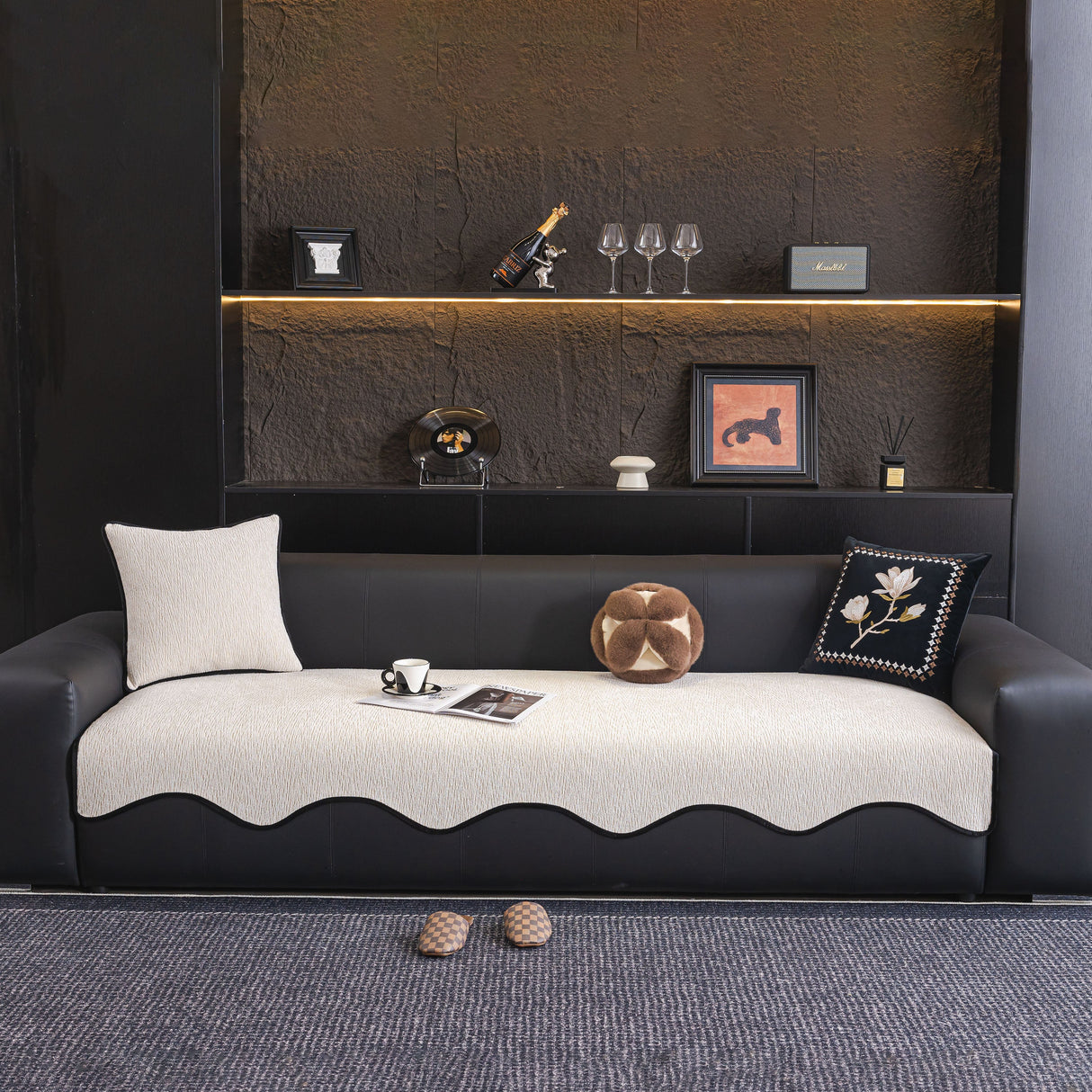 Chenille Couch Cover with Scalloped Edge, Non-Slip Modular Slipcover