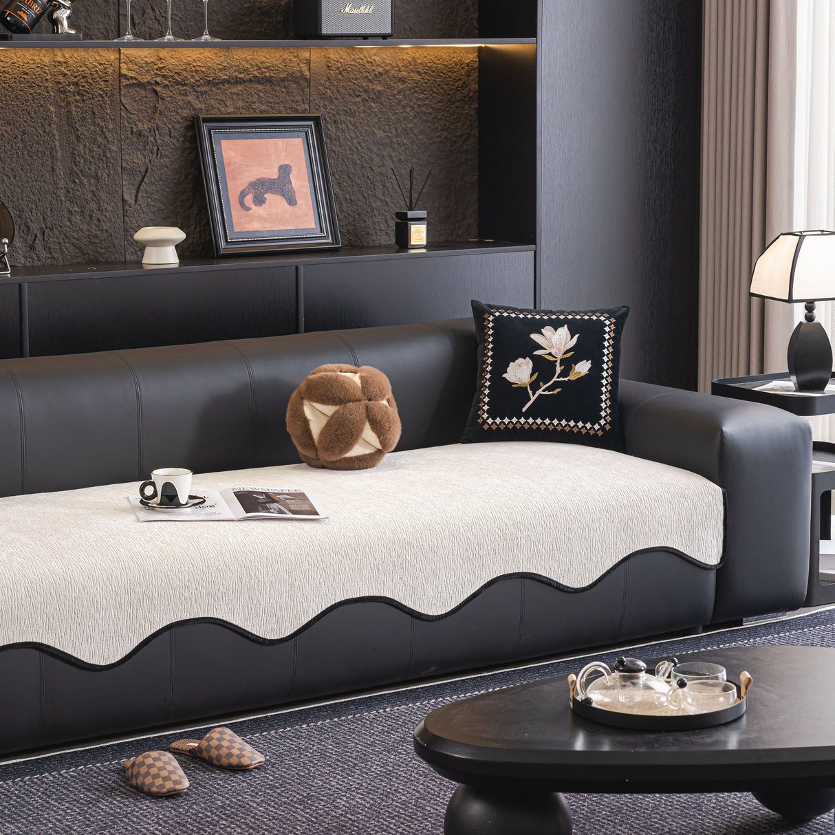 Chenille Couch Cover with Scalloped Edge, Non-Slip Modular Slipcover