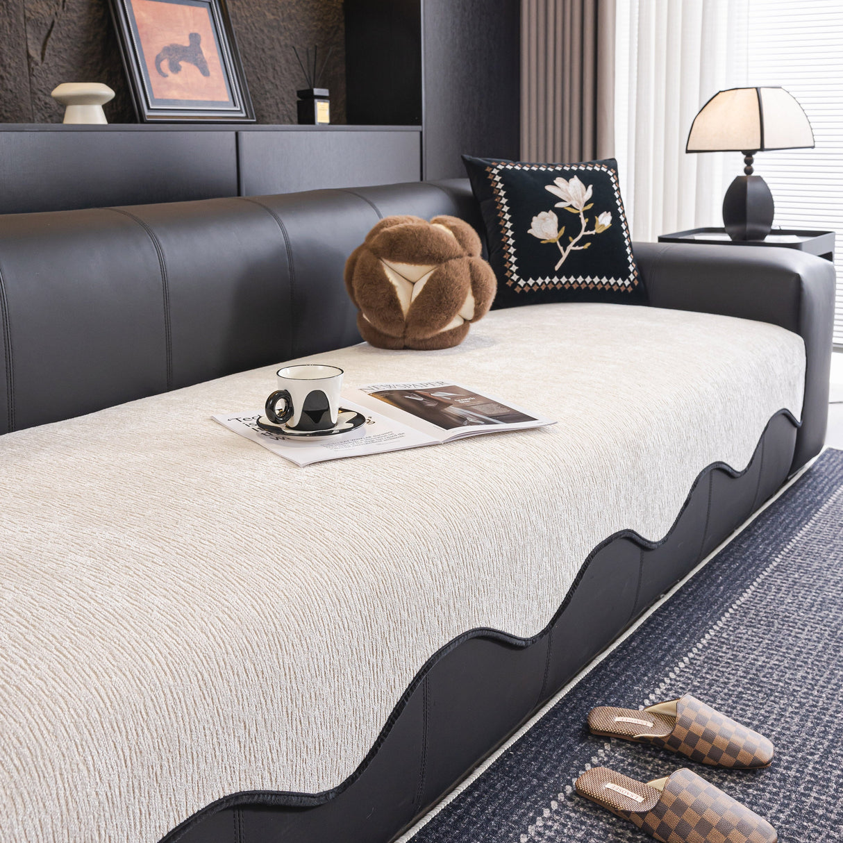 Chenille Couch Cover with Scalloped Edge, Non-Slip Modular Slipcover