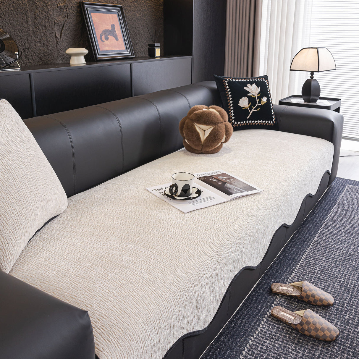 Chenille Couch Cover with Scalloped Edge, Non-Slip Modular Slipcover