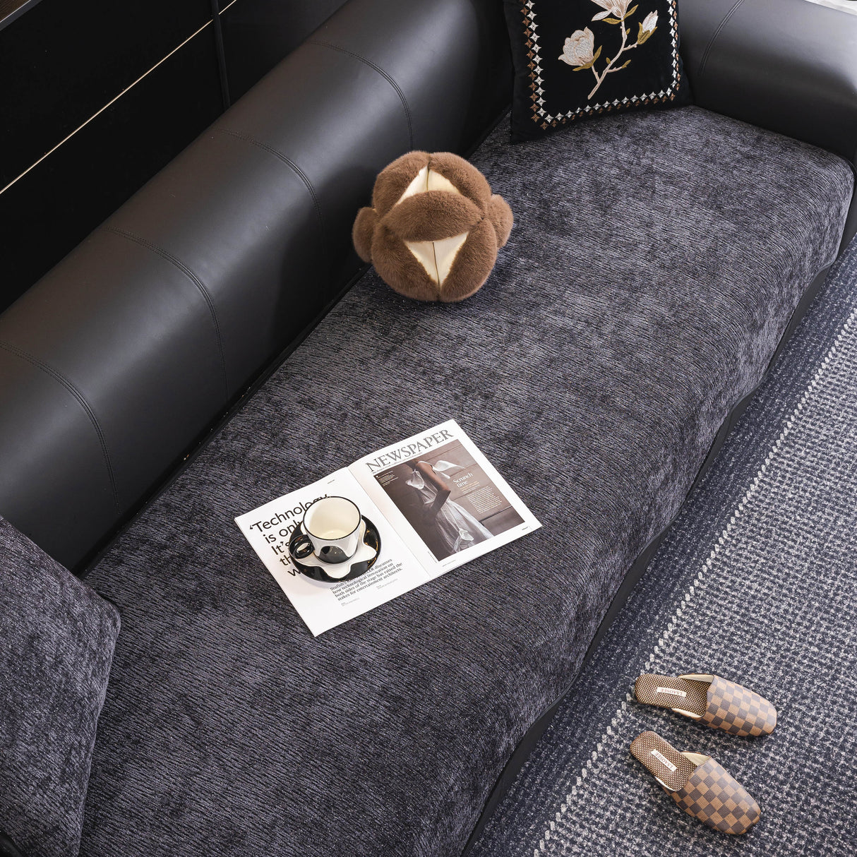 Chenille Couch Cover with Scalloped Edge, Non-Slip Modular Slipcover