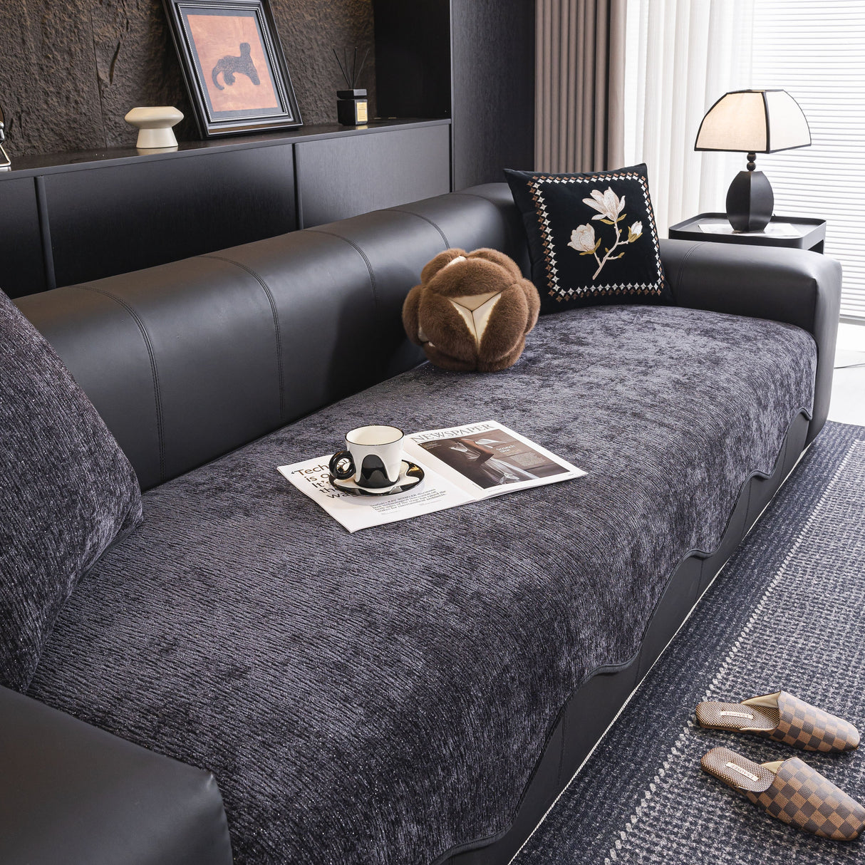 Chenille Couch Cover with Scalloped Edge, Non-Slip Modular Slipcover