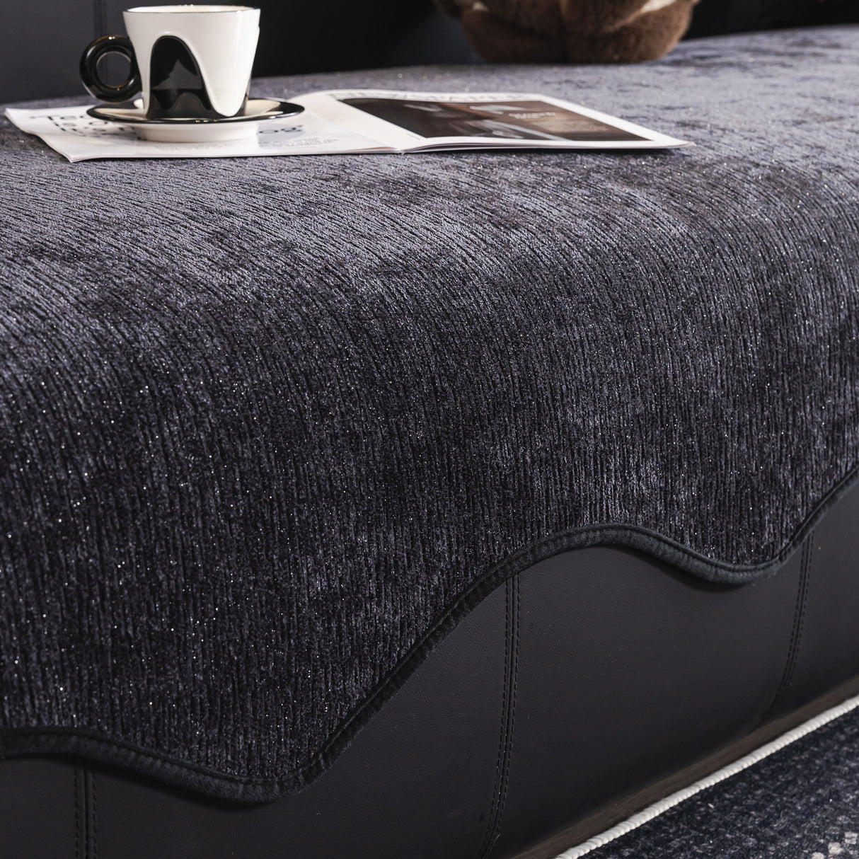 Chenille Couch Cover with Scalloped Edge, Non-Slip Modular Slipcover