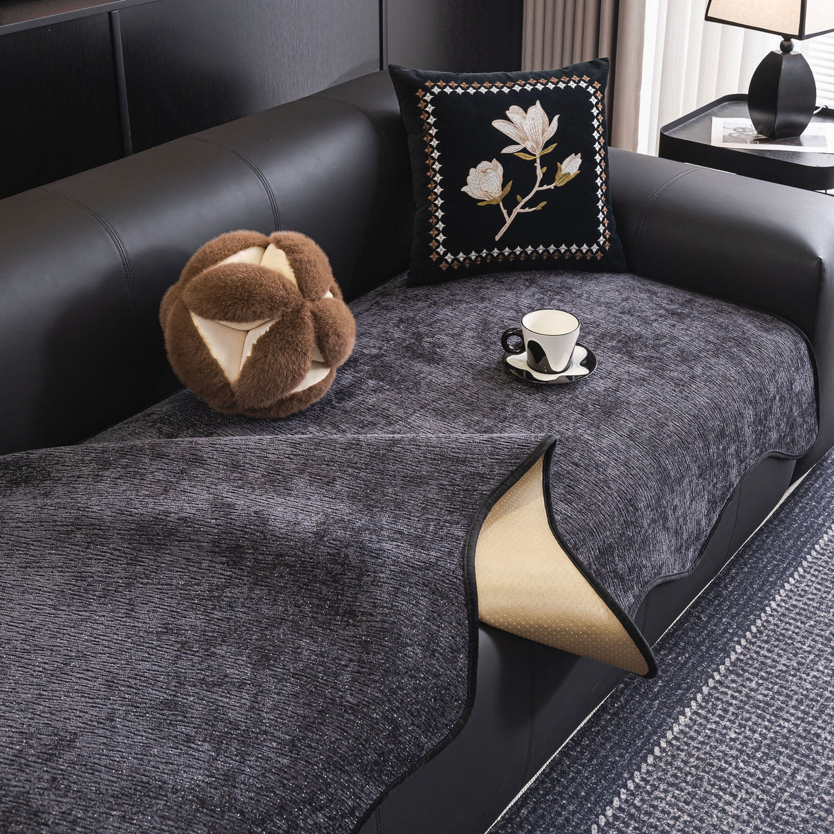 Chenille Couch Cover with Scalloped Edge, Non-Slip Modular Slipcover