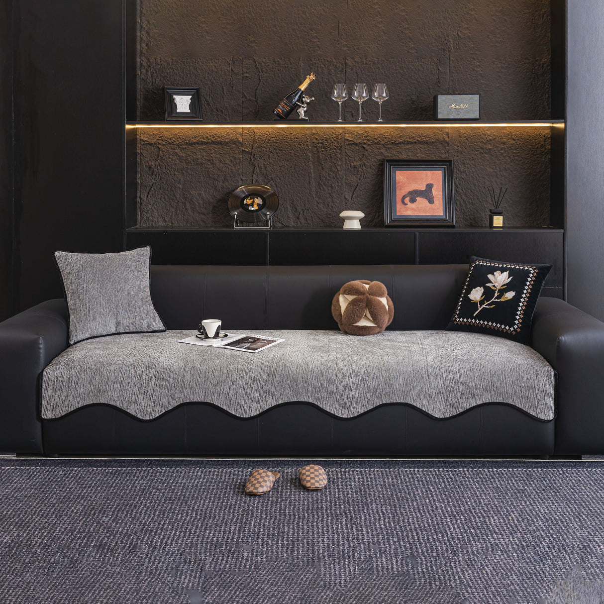 Chenille Couch Cover with Scalloped Edge, Non-Slip Modular Slipcover