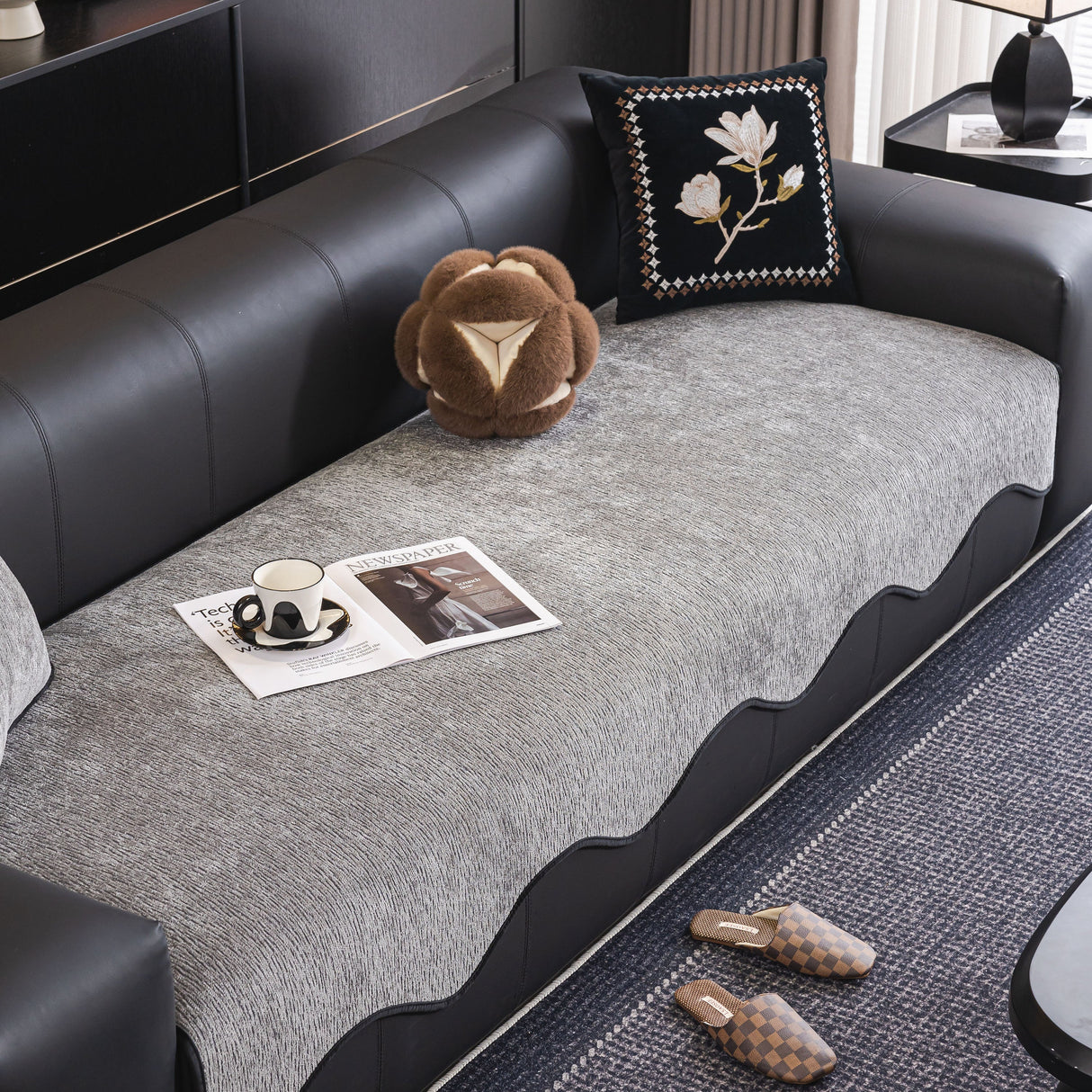 Chenille Couch Cover with Scalloped Edge, Non-Slip Modular Slipcover