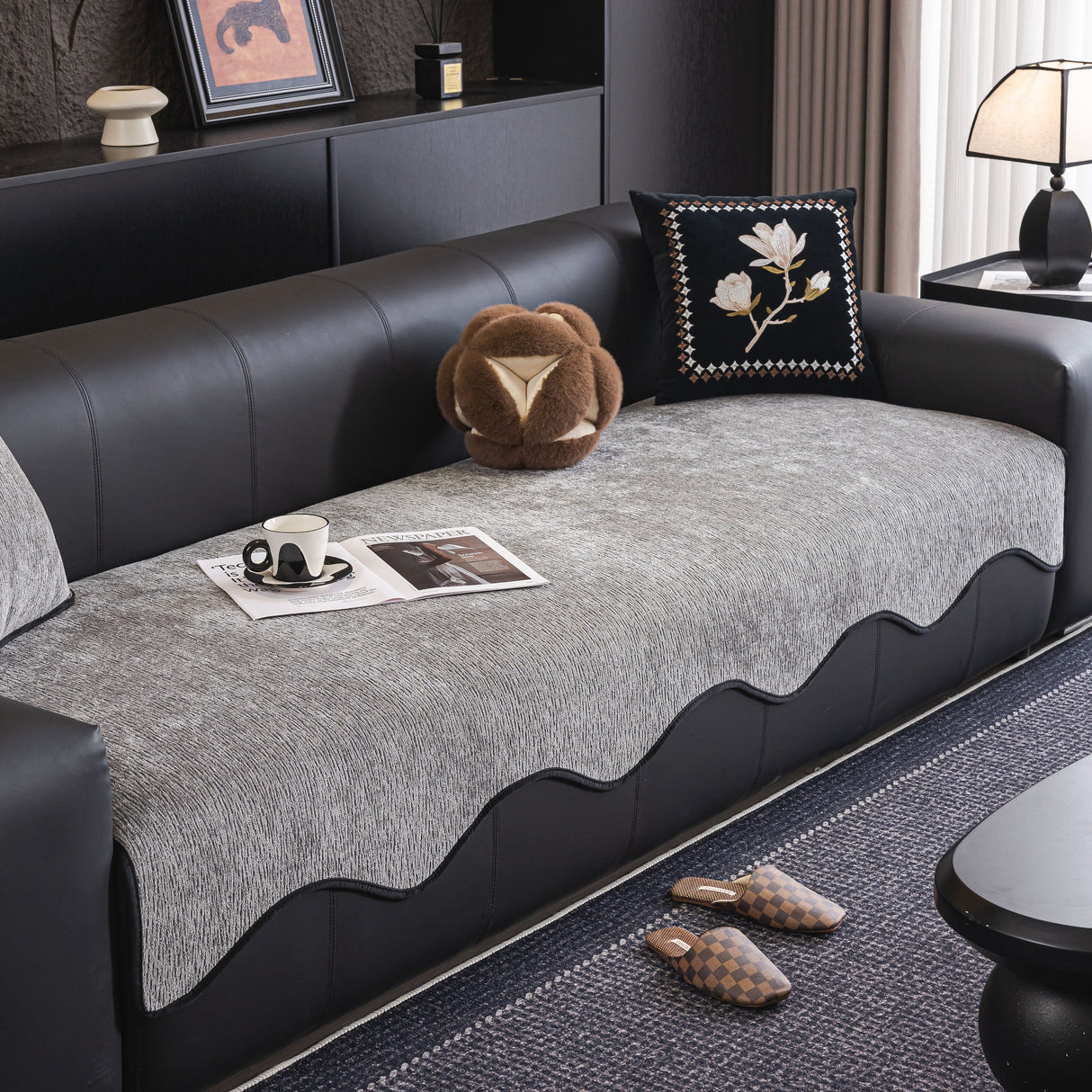Chenille Couch Cover with Scalloped Edge, Non-Slip Modular Slipcover