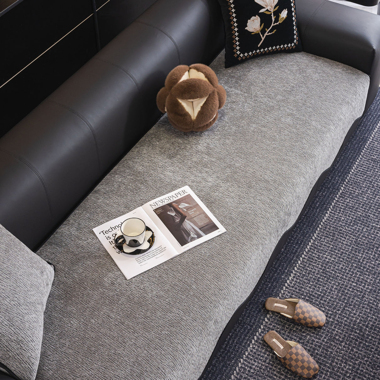 Chenille Couch Cover with Scalloped Edge, Non-Slip Modular Slipcover