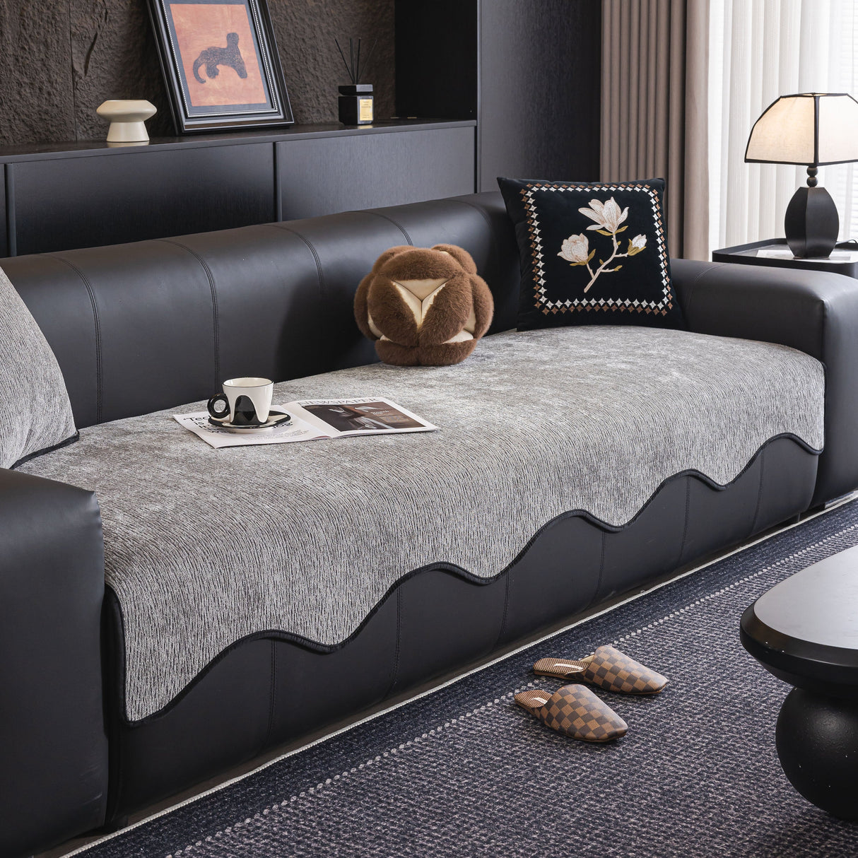 Chenille Couch Cover with Scalloped Edge, Non-Slip Modular Slipcover
