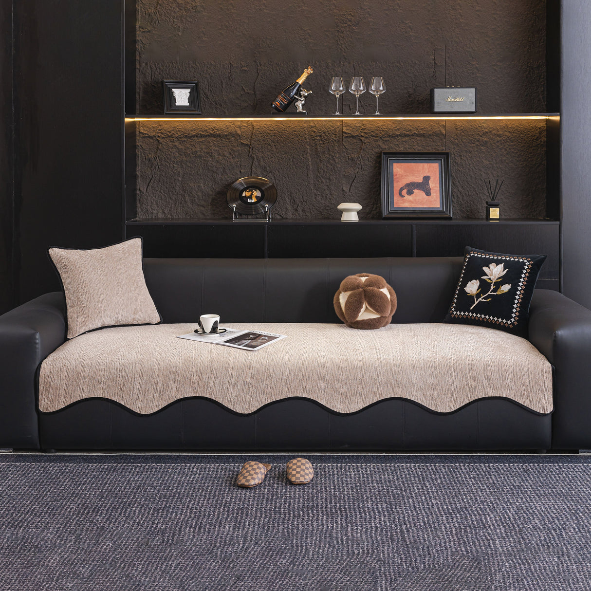Chenille Couch Cover with Scalloped Edge, Non-Slip Modular Slipcover