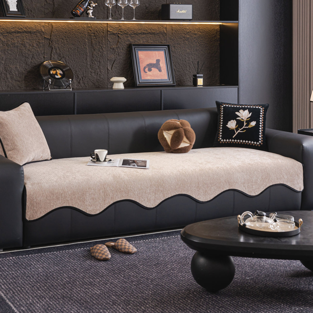 Chenille Couch Cover with Scalloped Edge, Non-Slip Modular Slipcover