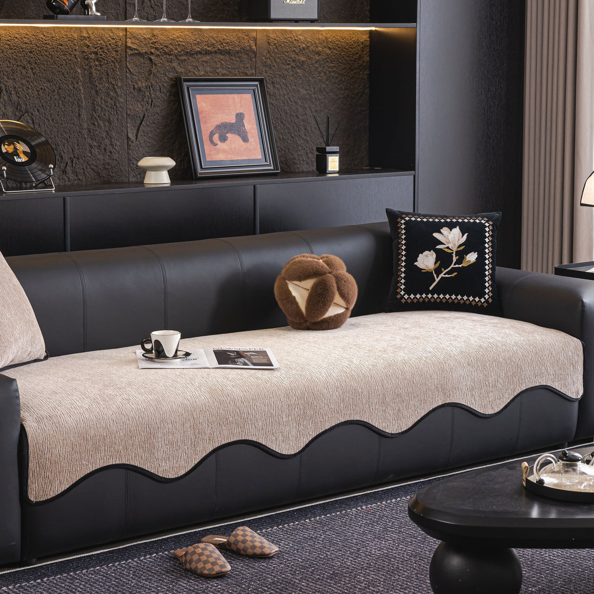 Chenille Couch Cover with Scalloped Edge, Non-Slip Modular Slipcover